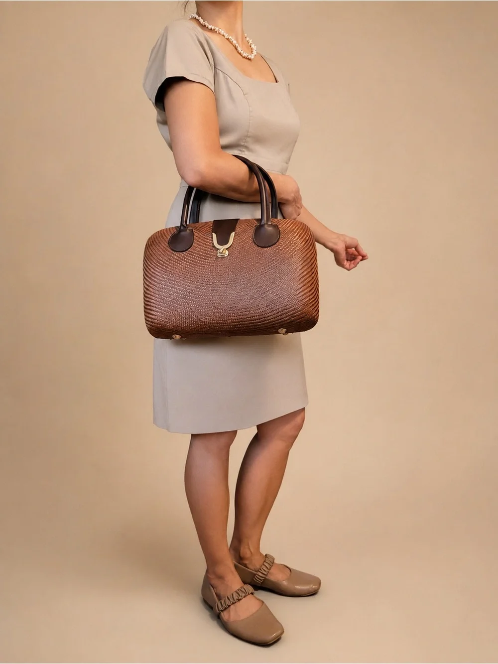 Handwoven Buri Palm NWOT Top Handle Bag • Made in Philippines • Brown Structured